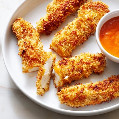 Crispy baked crunchy coconut chicken tenders arranged on a rustic plate