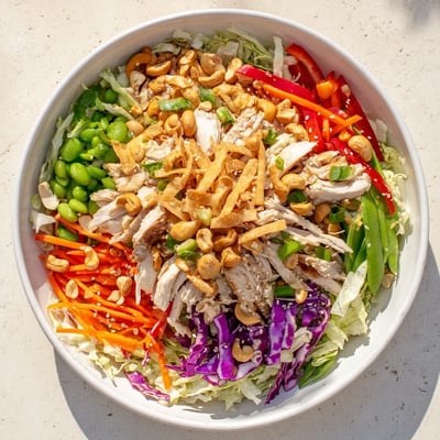 Golden sliced chicken over crisp cabbage in this chicken cashew crunch salad