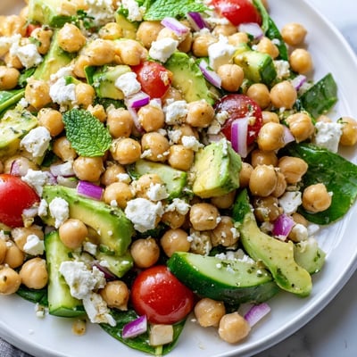 Chickpea feta avocado salad topped with crumbled cheese, tomatoes, and fresh herbs