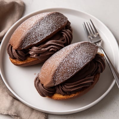 Soft cocoa Italian Chocolate Maritozzi buns dusted with powdered sugar on rustic parchment