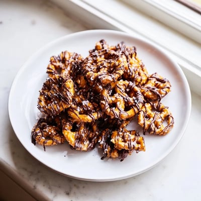 Golden butter toffee pretzels glistening with a rich caramel coating