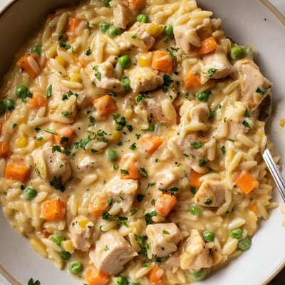 Golden buttery creamy chicken pot pie orzo loaded with tender vegetables and shredded chicken